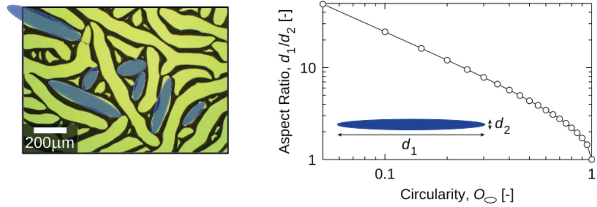 Figure 4.6: Illustration of elliptical estimate of CNT cell geometry and plot of an idealized ellipse’s aspect ratio (d 1 /d 2 ) vs