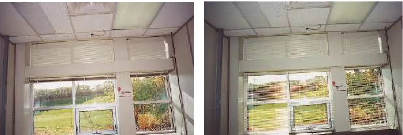 Figure  9    Example of power demand profiles of the continuous dimming lighting system and illuminance distribution at the ceiling and desktop levels.