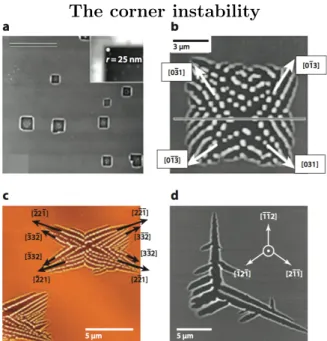 Figure 1-8: Corner instabilities in various materials are shown. The figure is reproduced from the review by Thompson [78], and the sub-figures are from references [76, 60, 29, 7].