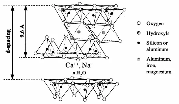 Figure 3. Structure of MMT formed of two tetrahedral sheets fused to an octahedral one