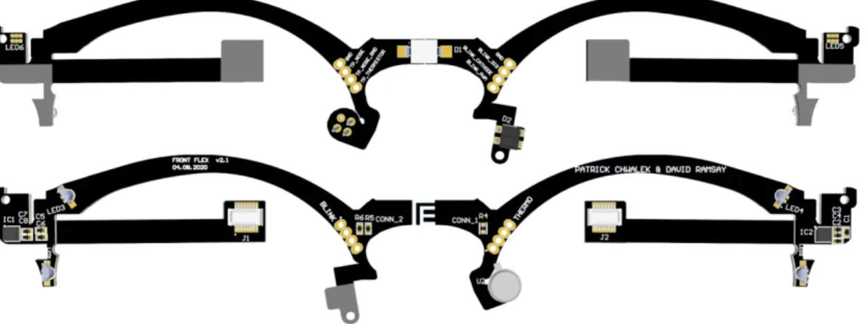 Figure 3-9: Design of Flexible Circuit Board (Top is Front-facing, Bottom is Rear) As explained in Section 3.2.3, the thinner the flexible circuit is, the tighter bend  ra-dius it can robustly tolerate