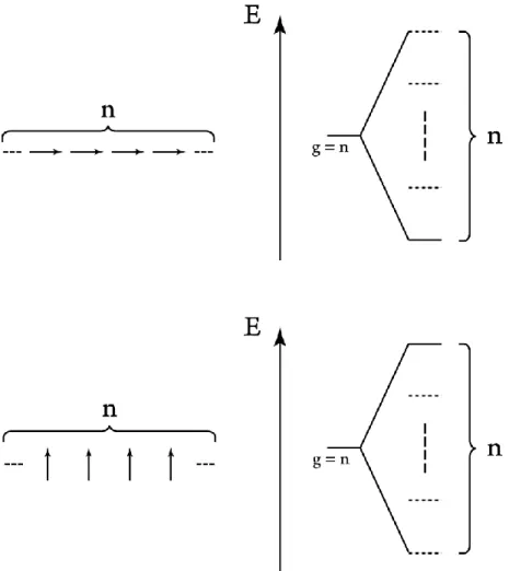 Figure 2. Top: A diagram of the transition dipoles of a 1-D J-aggregate containing n molecules  and an energy diagram showing the n degenerate excited states splitting into n states  with a spread of energy levels