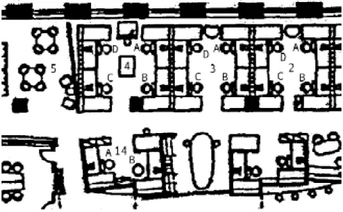 Figure 15: Work areas 2 to 5 and 14 in Site 1:Bookcase barriers