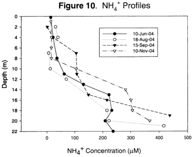 Figure  10.  NH 4 Profiles 100 200 300 NH 4 + Concentration  (pM)02-4-6-08-10-12-14-16-18-20-22-----  10-Jun-04----..