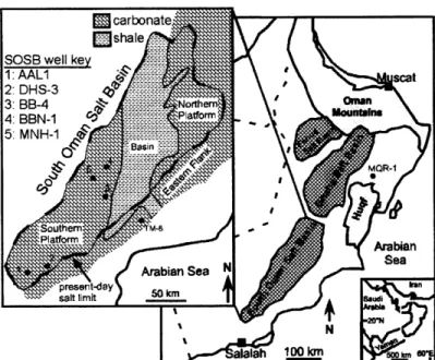 Figure  2:  Map  of Oman  showing locations  of Neoproterozoic  outcrops  (dark grey)