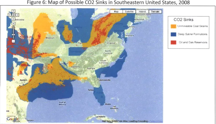 Figure  6:  Map  of Possible C02  Sinks  in Southeastern  United  States, 2008