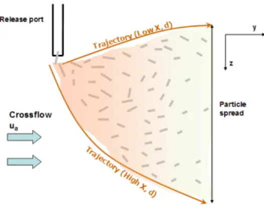 Figure 3: Schematic of trajectories of hydrate particles of differing reaction conversions and initial diameters in a crossflow current
