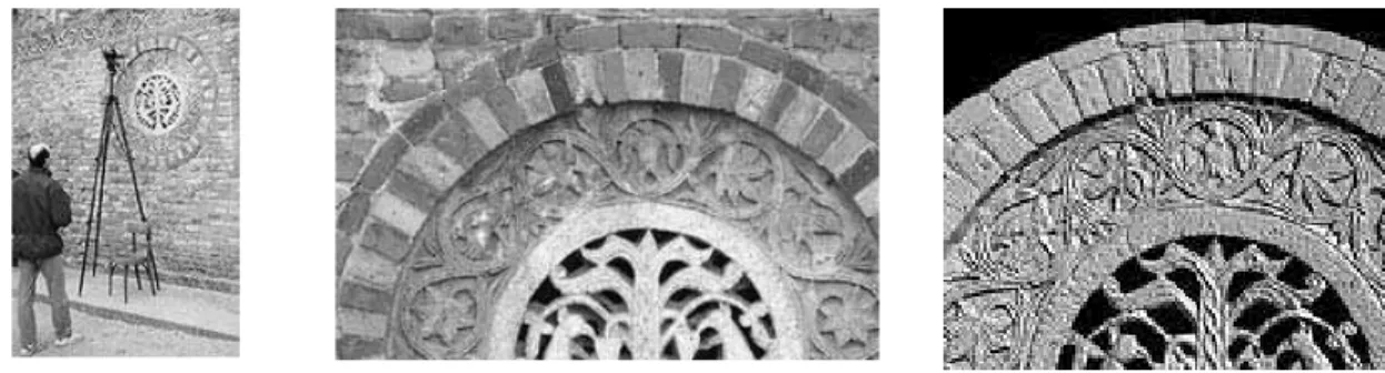 Figure 8: The Biris camera is shown mounted on a conventional tripod (left) scanning a rosone (middle) on  the façade at the 8 th  century Abbey of Pomposa near Ferrara, Italy