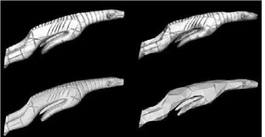 Figure 5 :   The upper and lower images of the Flying Bear on the left illustrate the high-resolution model  while those on the right illustrate the compressed model used in Inuit 3D
