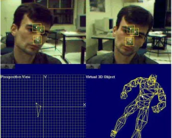 Figure 4: The StereoTracker at work. The orientation and scale of the virtual man (at the bottom right) is controlled by the position of the observed face.