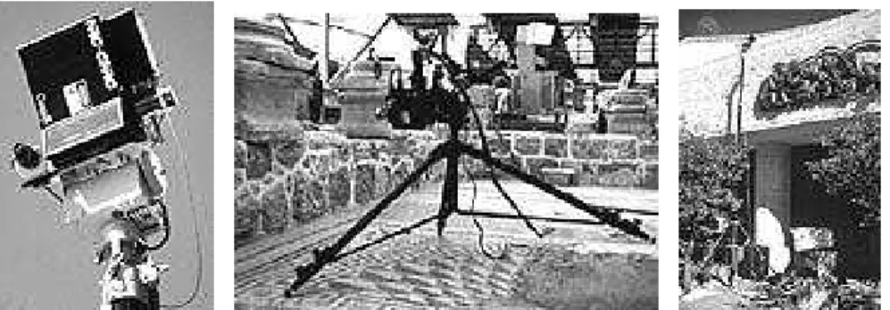 Figure 5.  The Large Volume Laser Scanner (left) mounted on pan and tilt unit. The system includes a  video camera to facilitate remote positioning of the scanner