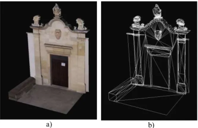 Figure 2. Crypt main entrance build with photogrammetry, a)  textured model, b) wire frame model