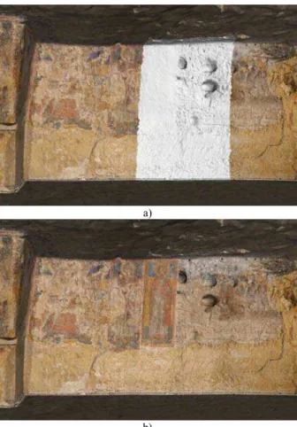 Figure 9. A section of the Crypt, a) synthetic shading replaces  one of the colour images, b) the proper colour image mapped 