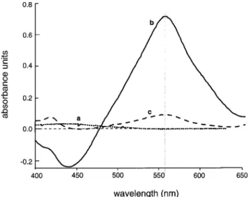 Figure 2. Spectrophotometric scan from 400 to 650 nm of 200 µL of methanol (blank) (a), 100 µL of spinach extract aliquot and 100 µL of methanol (no TPP) (b), or 100 µL of spinach extract aliquot and 100 µL of 10.0 mM TPP (c)