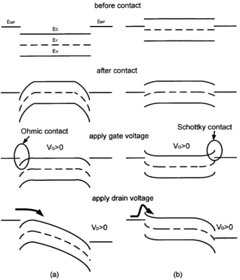 Figure  2-4:  (a)  Ohmic  contact  CNTFET  formation;  (b)  Schottky  barrier  CNTFET formation.