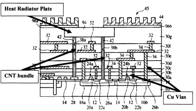Figure 3.11  Cross-sectional  view of semiconductor  device; CNTs in vias  are labeled as 42  and Cu in vias are labeled  as 34 [24]