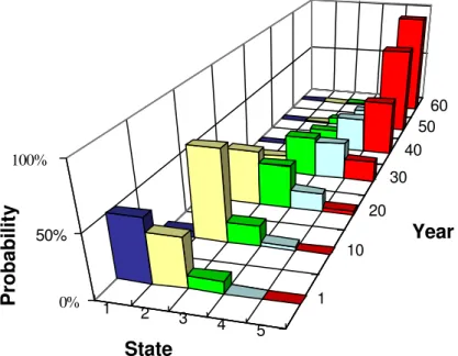 Figure 4 illustrate how the pmf of our example assets varies over time from the present to the future.