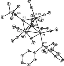 Figure 3. ORTEP diagram of Ru 4 (CO) 12 Pt(CO)PPh 3 (µ 4 -PF) (3).