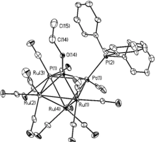 Figure 5. ORTEP diagram of Ru 4 (CO) 12 Pt(CO)PPh 3 (µ 4 -POEt) (5).
