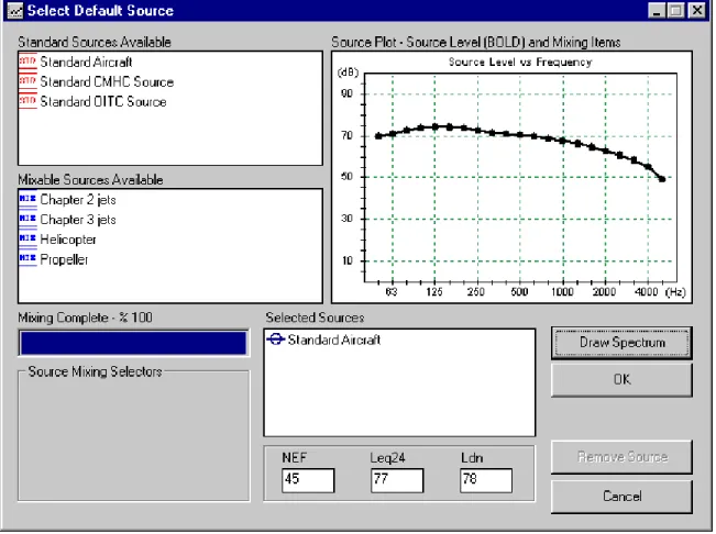 Figure 3:  Select Default Source Window – Selection of Standard Source Figure 3 is an example of what the Select Default Source window would look like if a user choose the Standard Aircraft noise source and entered an NEF value of 45.