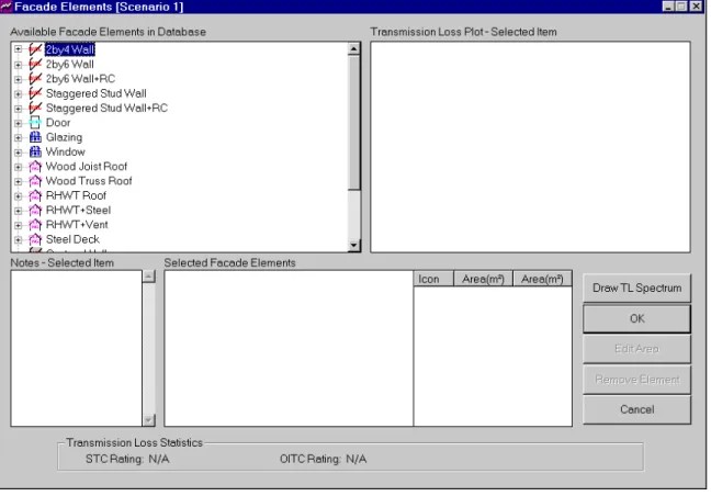 Figure 6:  Facade Elements Window – no façade elements selected Each construction listed in the database appears in coded format in the Available Façade Elements in Database list-box