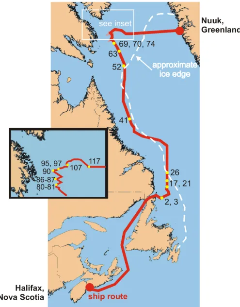 Figure 8: Map illustration showing the general location of the ice regimes  encountered during the first leg of the trials (after Johnston and  Gorman, 2000)