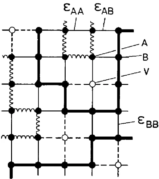 Fig. 2: Lattice Model of Chain Molecular Melt of two polymers (A and B) with Vacancies (V)