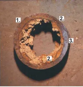 Figure 2.  Pipe showing evidence of multi-stage failure.  1) Original cracking;  