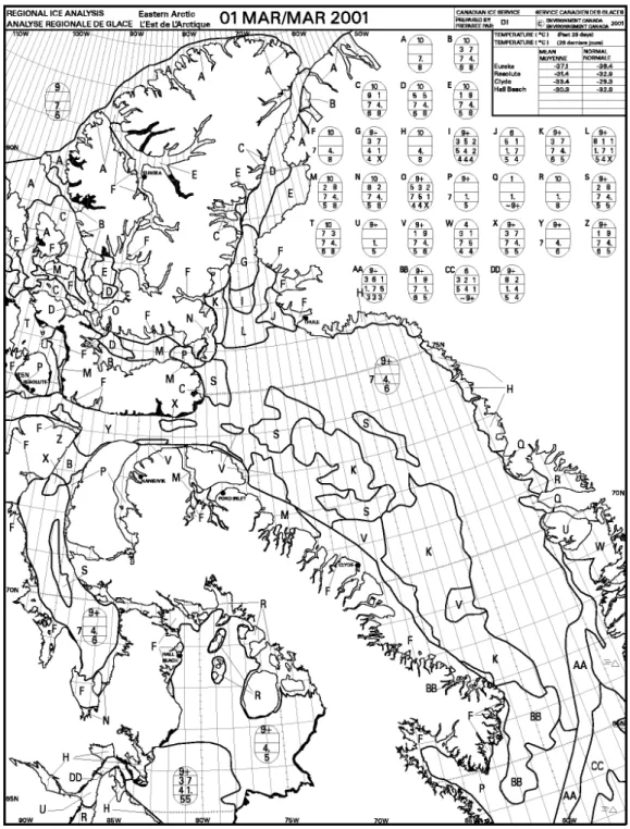 Figure 9: CIS Ice Chart for March 1, 2001 for the Eastern Arctic. The ice  conditions are detailed using the "Egg Code"