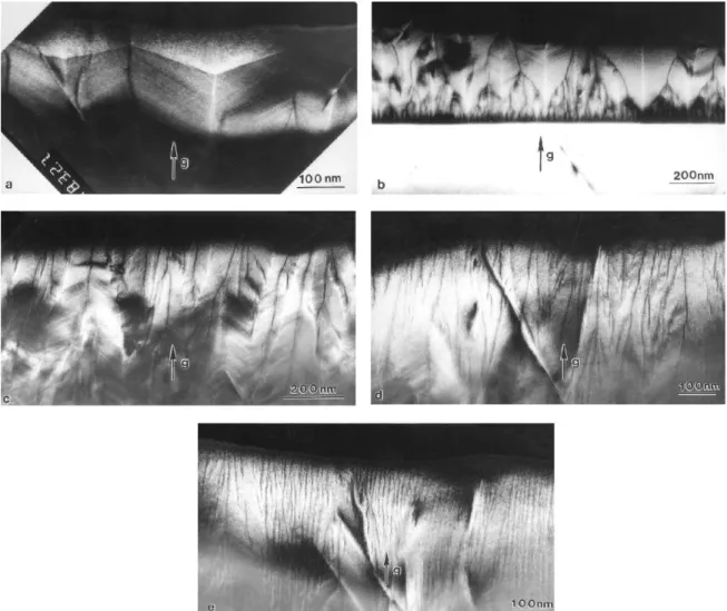 Fig. 8. ½0 1 1 1 % cross-section dark field TEM images of a 0.5 mm thick, 0.6% tensile strained In 0.45 Ga 0.55 As film with a capping film (a), and a 2 mm thick, 0.6% tensile strained In 0.45 Ga 0.55 As film of different locations (b, c, d, e)