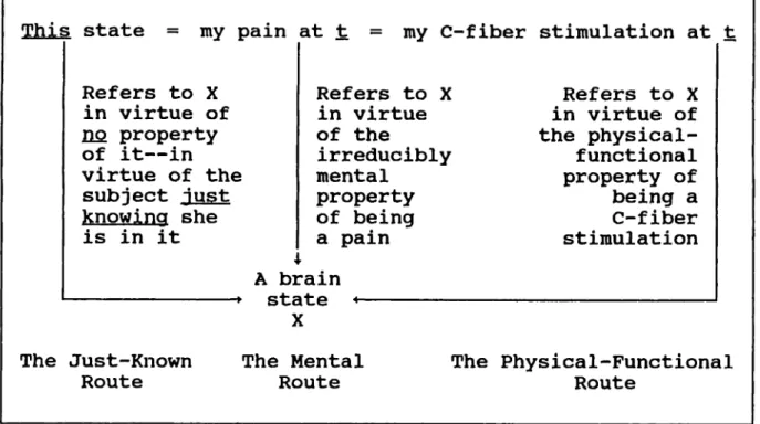 Fig.  4--Three  Kinds  of  Route  to  the  Referent If  we  exclude picking  out referents  in  ways  that are  just known  and  if  we  exhaust ways of  picking them out  along physical-functional  routes,  then  any  ways of  picking them out that  rn-ma