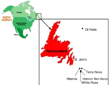 Figure 1. Offshore Newfoundland - the first four oil and gas  development locations (after Terra Nova Alliance website)