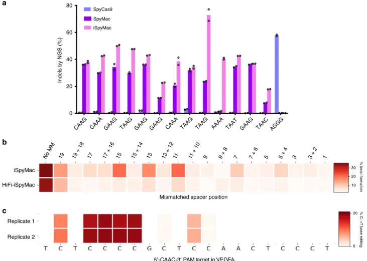 Fig. 3 Genome editing capabilities of engineered SmacCas9 variants. a CRISPResso2 indel analysis following NGS of ampli ﬁ ed genomic regions to assess on-target editing of iSpyMac in comparison to SpyMac and SpyCas9, on the indicated 5 0 -NAA-3 0 and 5 0 -