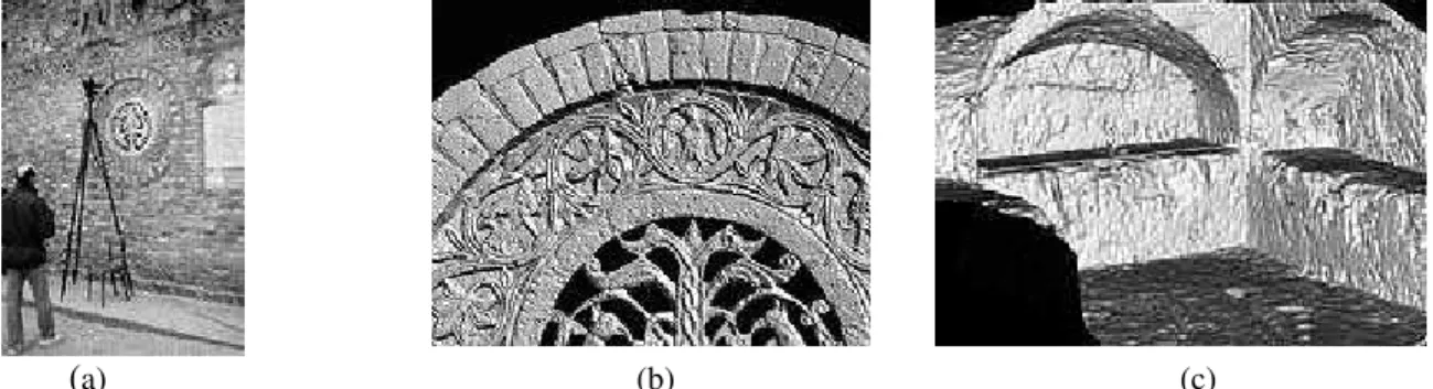 Figure 2. The Biris camera mounted on a conventional tripod (a) was used to scan a rosone on the façade at the 8 th century Abbey of Pomposa near Ferrara, Italy