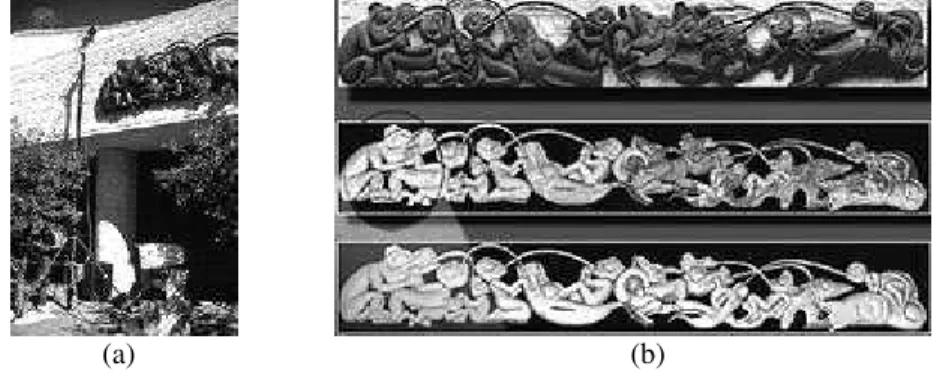 Figure 4. The Large Field of View camera is shown (a) mounted on a telescoping tripod to scan the sculpture Mythic Messengers at the Canadian Museum of Civilization