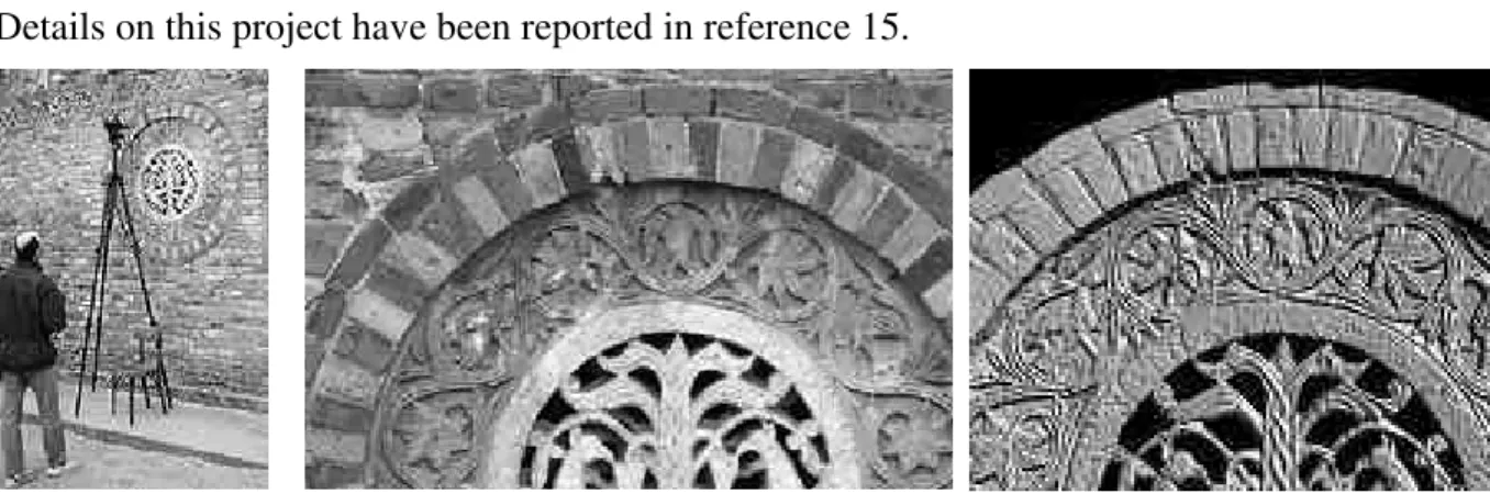 Figure 6.  The Biris camera is shown mounted on a conventional tripod (left) scanning a rosone (middle image) on the façade at the 8 th  century Abbey of Pomposa near Ferrara, Italy