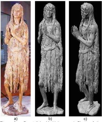 Figure 2 – Donatello’s  Maddalena  : a) Photo of the  sculpture; b and c) synthetically shaded digital model