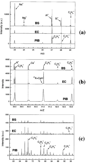 Figure 1. The ToF-SIMS spectra for BS, EC and PIB samples.