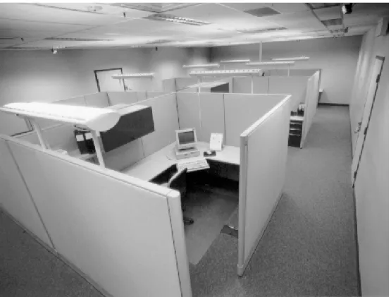 Figure 1.  Photograph of the work area, NRC's Indoor Environment Research Facility.  The photograph shows the furniture-mounted indirect luminaires and the recessed parabolic louvered luminaires in the ceiling