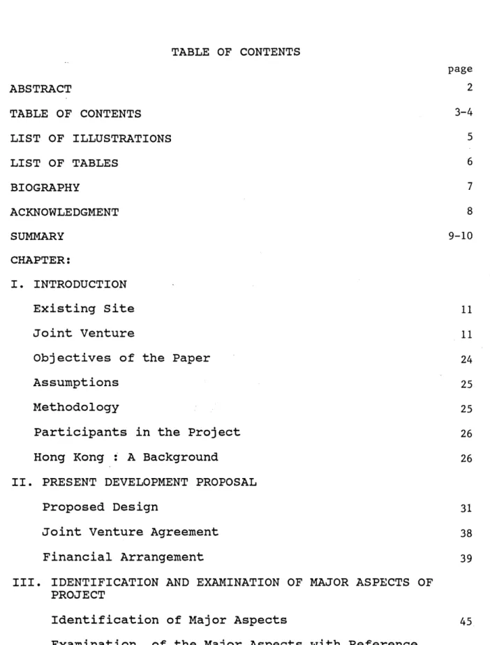 TABLE  OF  CONTENTS page ABSTRACT  2 TABLE  OF  CONTENTS  3-4 LIST OF  ILLUSTRATIONS  5 LIST OF  TABLES  6 BIOGRAPHY  7 ACKNOWLEDGMENT  8 SUMMARY  9-10 CHAPTER: I