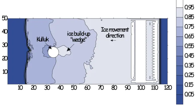 Figure 6 Ice concentration profile around Kulluk generated from a numerical simulation showing the ice build-up in front of the Kulluk.