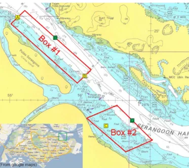 Fig. 2. A map of East Johor Strait. Boxes #1 and #2 were the allocated locations from Maritime Port Authority