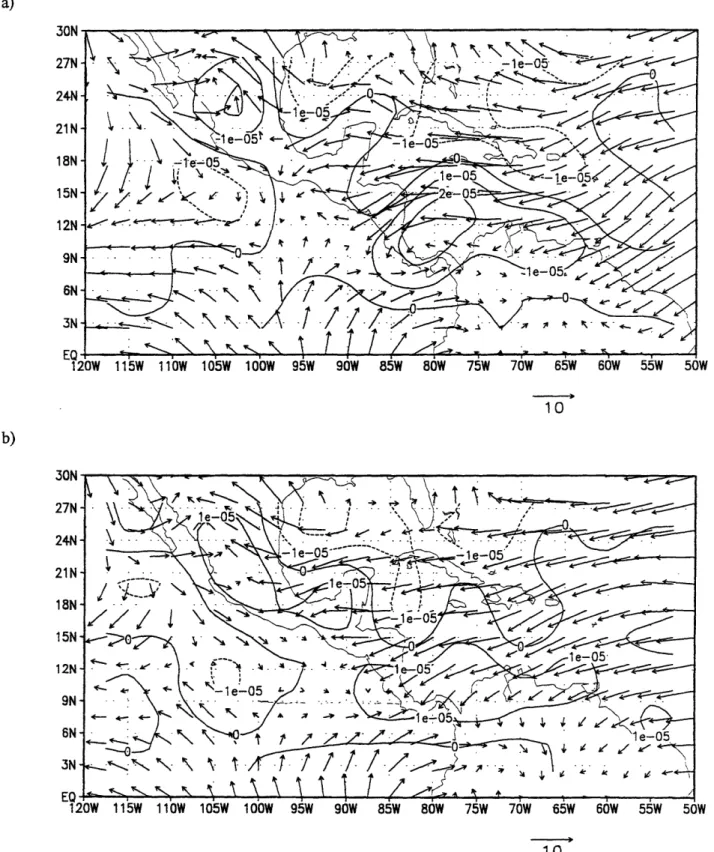 Figure 3.2: Winds  and relative vorticity from the NCEP/NCAR  re-analysis  at  1000 mb  and 0000