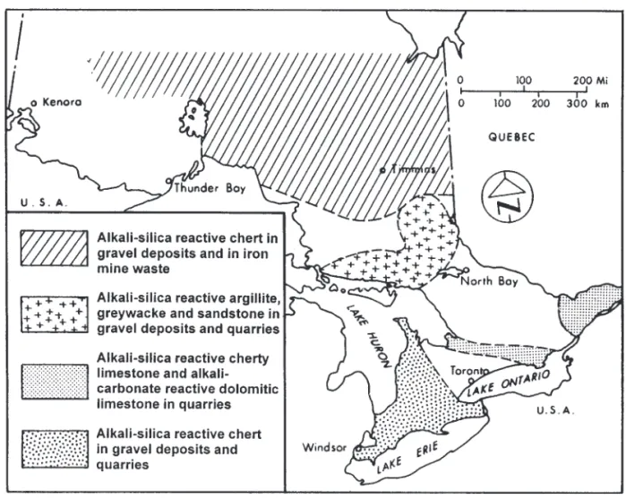 Fig. 2. Geographical distribution of potentially alkali-reactive aggregates in Ontario.