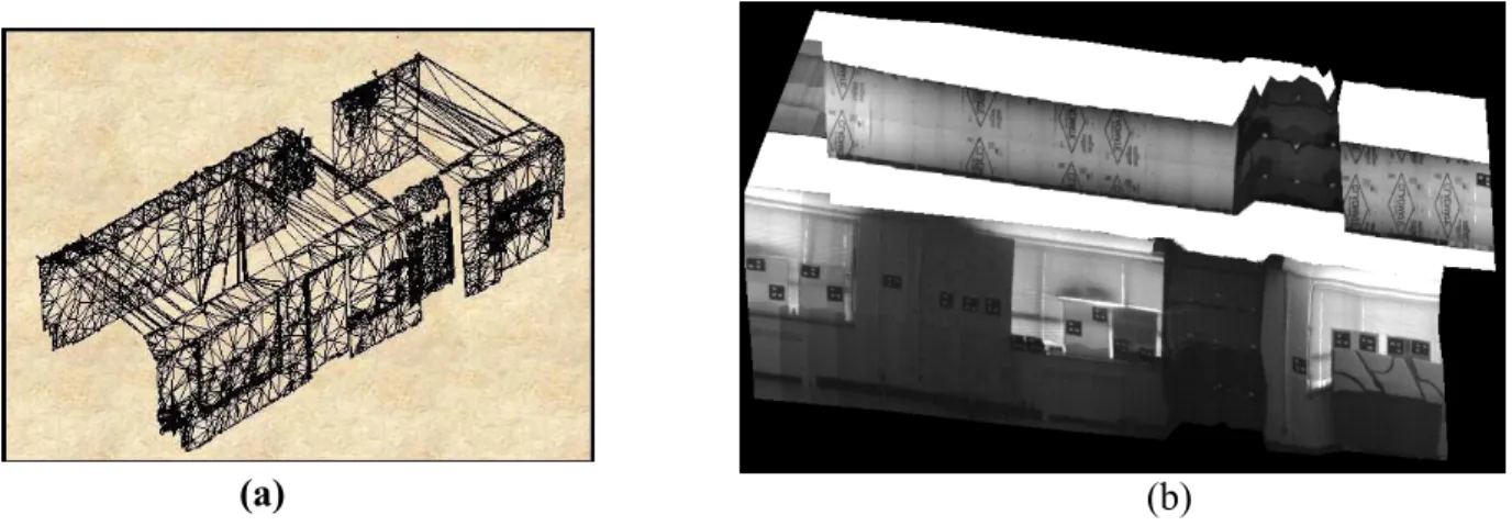 Figure 11: 3-D model of the site. (a) Geometric model, (b) Geometric model plus texture