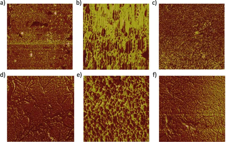 Figure 5. AFM-phase images of a) bare anion-exchange membrane (2 μm 2 ), and b) co-spray 2 BL (1 μm 2 ), c) 2:3 dip 1 BL (4 μm 2 ), d) 4:1 dip 1 BL (2 μm 2 ), e) co- co-spray 5 BL (1 μm 2 ) and f) 4:1 dip 6 BL (4 μm 2 ) GO/PEDOT on anion-exchange membrane