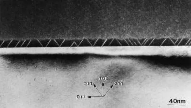 Fig. 3. g  200 dark ®eld image showing planar defects (twins and stacking faults) in  0 1 1   cross-section of 20 nm layer sample.