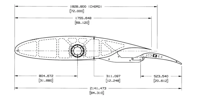 Figure 1 End-view of airfoil and flap (dimensions in millimetres [inches])