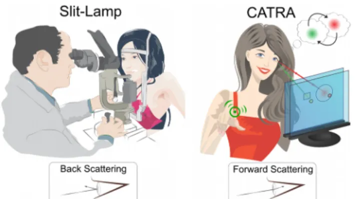 Figure 1: Can we create a device that makes people aware of their early cataract condition? Using a light-field display, our method projects time-dependent patterns onto the fovea