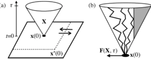 FIG. 1. Schematic depiction of a causal entropic force. (a) A causal macrostate X with horizon time , consisting of path microstates x ðtÞ that share a common initial system state x ð 0 Þ, in an open thermodynamic system with initial environment state x  ð